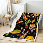 Loussiesd Sugar Skull Throw Blanket for Bed Sofa Kids Mexican Cactus Chili Pepper Nachos Sherpa Blanket Cartoon Exotic Style Fleece Blanket Boho Mexico Fuzzy Blanket Single 50x60 Inch