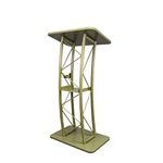 FixtureDisplays® Light Green Hue Gold Color Curved Podium, Truss Metal/Wood Pulpit Lectern with A Saucer 11568-GOLD