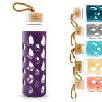 The Better Home Borosilicate Glass Water Bottle with Sleeve 550ml | Non Slip Silicon Sleeve & Bamboo Lid | Fridge Water Bottle For Home & Office (Purple, Pack of 1)