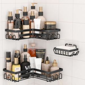 rigors 3 Pack Shower Caddy Corner,Adhesive Shower Organizer for Bathroom&Kitchen Storage,No Drilling,Large Capacity,Waterproof & Rustproof Stainless Steel Bathroom Organizer (3 Pack Black)