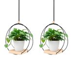 Benustra 2 Pack Plant Hanger with Wood Base, Hanging Window Planter, Indoor Hanging Planters with Metal Ring, Macrame Hanging Plant Holders Boho Home Decor for Window Wall Ceiling Room(Black)