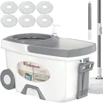 Mop and Bucket with Wringer Set,Spin Mop and Bucket System, Mops for Floor Cleaning,Household Supplies Tools with 6 Replacement Refills,61" Extended Handle for Household Hardwood Floor - White