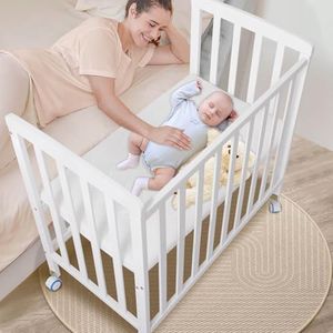 Flwrgirl Baby Bassinets Bedside Sleeper - Portable Pine Wood Bedside Bassinet,6 Heights Small Mini Crib with Mattress,Space-Saving Design Baby Crib for Newborns,White