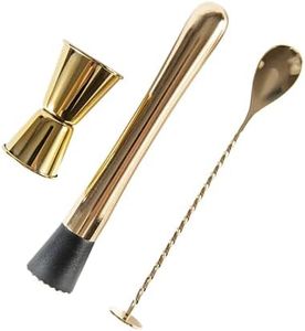 JNWINOG 3-Pcs Gold Muddler for Cocktails, Cocktail Set Mixing Tools,10" Muddler for Cocktails Drink Muddler, 12" Cocktail Spoon and 1 oz 2 oz Double Jigger, Bar Tool Set for Beverages Drinks