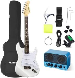 MOSEN 39in Full Size Beginner Electric Guitar Starter Kit, Beginner Starter, with Amplifier, SSS Pickups, Gig Bag, Pick, Tunner, Capo, Cable, Tremolo Bar, Wiping cloth - White
