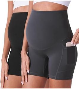 POSHDIVAH Maternity Shorts for Women Over Belly Biker Workout Yoga Active Summer Pregnancy Running Short Leggings 2PCS Black Grey 5" Small