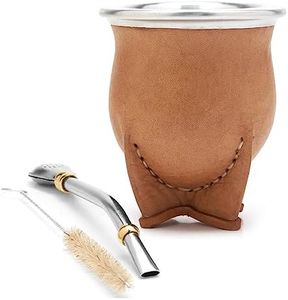 BALIBETOV Leather Wrapped Handmade Yerba Mate Gourd (Mate cup) with Bombilla (Yerba Mate straw) (Natural)