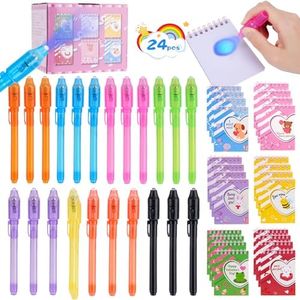 QANIY 24PCS Invisible Ink Pen with UV Light with 24PCS Multicolor Notebook Set. Valentines Day Cards & Gift Bags for Kids, Valentine‘s Day Party Favors, Goodie Bag Stuffers for Kids Spy Party Favor