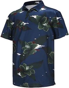 Golf Shirts for Men Dry Fit Performance Short Sleeve Print Moisture Wicking Polo Shirt(Navy Folwer#14,XL)