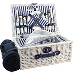 HappyPicnic Picnic Basket Willow for 4 Persons | Large Wicker Hamper Set with Big Insulated Cooler Compartment, Free Fleece Blanket and Cutlery Service Kit- Fashionable White