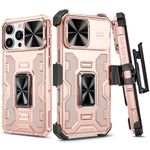 VEGO for iPhone 16 Pro Max Case with Belt Clip Holster, iPhone 16 ProMax Case with Slide Camera Cover & 360° Ring Kickstand, Military Grade Heavy Duty Protective Case for 16 Pro Max - Rose Gold