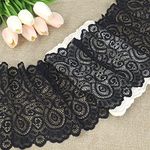 Black Lace Fabric Lace Trim, Stretch Floral Lace Ribbon Trim, Wide Elastic Sewing Lace Crafts Decorating (Black 7Inch ✖ 5Yards)