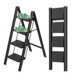 YOUTHCLUB Stainless Steel Folding 4 Step Ladder, Lightweight, Anti-Slip Foldable Step Stool for Adults, 600 lbs Capacity, Multi Purpose for Home, Kitchen, Office, Sturdy, Space-Saving, Black