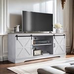 DWVO Farmhouse TV Stand for 65 Inch TV, Rustic Entertainment Center with Storage Cabinet & Sliding Barn Doors, TV Media Console Table with Adjustable Shelf for Living Room, 59'' Grey White & Grey Wash