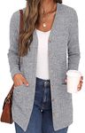 GRECERELLE Cardigan for Women Open Front Button Down Ribbed Knit Lightweight Ladies Sweater V Neck Long Sleeve Outerwears with Pockets Gray-L