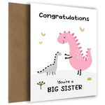 New Big Sister Card! Congratulations on Becoming a Big Sister from New Baby or Sibling - Fun Dinosaur Themed Greetings Card