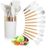 ‎CTDMJ Kitchen Utensil Set 12 PCS Silicone Cooking Utensils Set with Wooden Handle Non-Stick Cooking Spoons Utensil Sets Silicone Kitchen Utensils Set Heat Resistant Kitchen Tools (White)