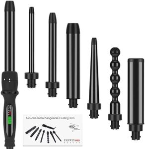 PARWIN PRO BEAUTY 7 in 1 Curling Iron Wand Set,Dual Voltage Curling Wand with 7 Interchangeable Diamond Ceramic Hair Curler Wands with LCD Temperature Control Auto Shut Off Black