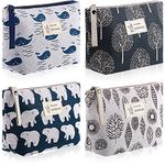 4 Pieces Canvas Cosmetic Bags Set Printed Makeup Bags with Zipper Multi-Functional Canvas Travel Pouch for Women Girls Vacation Travel Toiletry Bag, 4 Styles (Whale, Bear, Tree, Leave, Small)