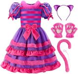 ReliBeauty Cartoon Magic Striped Cat Dress Wonderland Costume for Girls with headband, gloves and tail, 8/140