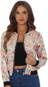 Allegra K Women's Stand Collar Zip Up Floral Prints Bomber Jacket Beige Medium