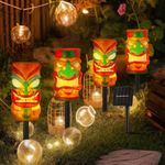 Tujoe 4 Pcs Tiki Solar Light Decor Waterproof Tiki Statues LED Solar Light for Outdoor Hawaiian Tiki Party Decor Solar Light for Luau Birthday Party Tropical Aloha Bar Garden Patio Yard Lawn Decor