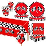 97Pcs Racing Car Party Decorations,Black White F1 Checkered Flag Party Tableware Set,Birthday Paper Plates,Paper Cups,Napkins,Tablecloth,for Kid Birthday Parties Racing Themed Celebrations(24 Guests)