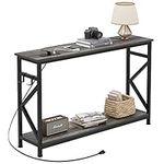 Mexin 47 Inch Narrow Console Table, Two Tier Behind Sofa Table Narrow Long with 2 Outlets and 2 USB Ports, Entryway Couch Table for Hallway Living Room, Grey Oak