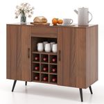 Giantex Bar Cabinet with Storage, Farmhouse Wood Buffet Sideboard, 9-Bottle Wine Rack, Drawer, Adjustable Shelves, Wine Cabinet for Dining Room Coffee Bar Entryway, Walnut