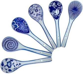 KeQiu Ceramic Non-slip Soup Spoons Set, 6.3 Inch Japanese Spoons for Wonton and Noodles, Dishwasher & Microwave Safe, Blue and White, Spoons Set of 6