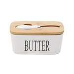 Hanobe Ceramic Butter Dish with Bamboo Lid, Large Airtight Butter Keeper Container Covered for Countertop or Refrigerator, Kitchen Porcelain Butter Storage Holder with Knife, 17oz/500ml White