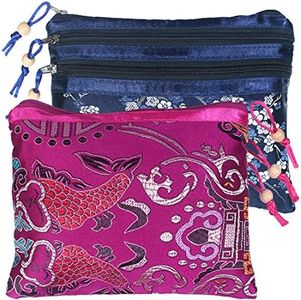 kilofly 2 pc Chinese Silk Brocade 3 Zipper Pocket Tassel Jewelry Bag Gift Pouch