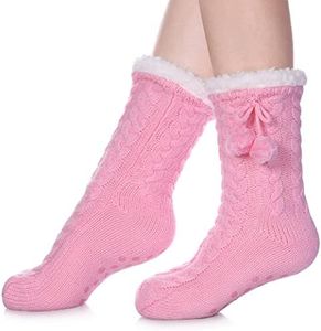 SDBING Women's Super Soft Warm Cozy Fuzzy Fleece Lined Twist Non-Slip Winter Slipper Socks, Pink With Plush Ball, One Size