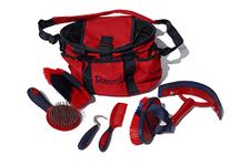 Rhinegold RED GROOMING BAG WITH KIT, 7 Pieces Equestrian Grooming Gift Set that Includes All Types of Horse Hair Brush, Curry Comb, and Hoof Pick with a Multipurpose Horse Grooming Bag