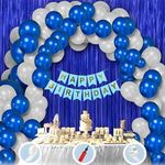 Mystic Toy Store Birthday Decoration Items Blue and White Theme Combination for Boys Girls | 50 Pc Blue White Balloon | 2 Pc Blue Foil Curtain| Blue Birthday Banner | Pump | Arch Tape | Glue Dots