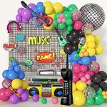 80s 90s Theme Party Decorations 90Pcs Balloons Arch Kit 4D Disco Ball Blue Hot Pink Balloon Kids Decor Radio Boom Box Retro Phone Guitar Inflatable Boombox 80s 90s Hip Hop Birthday Boys Girls Supplies