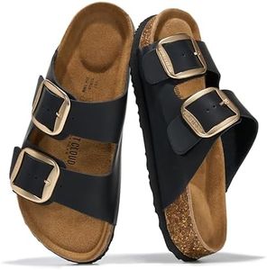 Project Cloud Genuine Leather Flat Sandals for Women 2026 Comfortable Beach Essentials Womens Sandals Memory Foam Vacation Essentials Slides for Women Footwear (Santorini, BLKDIS,11M)