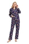 GLOBAL Pyjamas for Women Flannel Cotton Sleepwear long Ladies Pyjamas Sets Button Down LoungewearBlue,pet Dogs,L