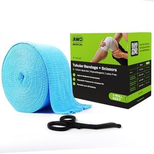 Elasticated Tubular Support Bandage - Reusable Compression Wrap for Joint Pain Relief - Stockinette Tubing for Large Knees/Medium Thigh - Blue (Size F - 4 inches x 11 Yards) + Scissors