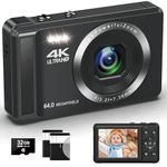 Digital Camera - UHD 4K 64MP Compact Camera - Rechargeable Vlogging Camera with 32G SD Card & 2 Batteries 16X Digital Zoom Mini Selfie Camera for Kids Teen Students Seniors Beginner