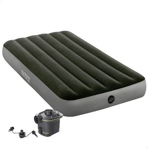 INTEX 64777E Dura-Beam Standard Prestige Air Mattress: Fiber-Tech - Twin Size - Hand-Held Battery Pump - 10in Bed Height - 300lb Weight Capacity
