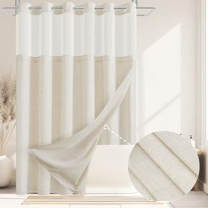 Jowels No Hooks Needed Linen Shower Curtain and Liner Set, Hotel Luxury Decor Shower Curtains for Bathroom with See Through Top Window,Water Resistant Fabric,72Wx87L,Natural Linen