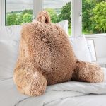 Cheer Collection Fluffy Reading Pillow Chair - Shaggy Hair Chair Pillow with Arms for Bed & Couch, Taupe