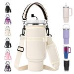 AceTreker 40 30 oz Stanley Cup Carrier Bag with Strap & Straw Cover, Vacuum Stainless Steel Rambler Sleeve with Phone Pocket, Neoprene Water Flask Holder Pouch for Stanley Tumbler Accessories-Cream