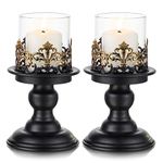 Sziqiqi Black Shabby Chic Pillar Candle Holder Set for Tables - Gothic Candlestick Holder Rustic Glass Hurricane Candle Holders Centrepieces for Mantlepiece Fireplace Dinner Desk Tabletop Ornament