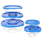 Amazon Basics 5 Piece Glass Mixing Bowl Set with 5 Bowls & BPA-Free Lid, Clear With Blue Lids, 1 x .49L, .88L, 1.4L, 2.4L, 3.3L