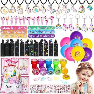 Unicornio Juguetes Piñatas de Cumpleaños, 104 Piezas Relleno Piñatas de Cumpleaños Infantil, Pulseras Llavero Sellos Luminosas Tatuajes Juguetes Piñatas de Cumpleaños 3-12 años Niña Party Favores