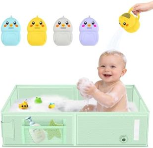 Collapsible Baby Bathtub, Foldable Toddler Bath Tub with Chick Pattern Bath Rinse Cup, No Assembly Portable Travel Bathtub for 6M-5Y, Ideal for Shower, Travel Essentials & Baby Registry Gift