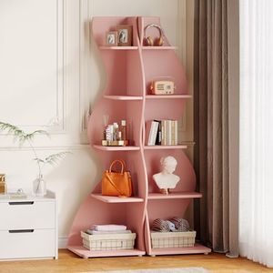 Tribesigns Wavy Corner Shelf Set of 2, Modern 5-Tier Bookshelf Etagere Bookcase with Curvy Shape, Unique Plant Stand Display Shelf for Living Room Small Space (Pink)