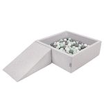 KiddyMoon Foam Playground For Kids With Square Ballpit (200 Balls ∅ 7Cm/2.75In) Soft Obstacles Course And Ball Pool, Made In The EU, Lightgrey:White/Grey/Mint